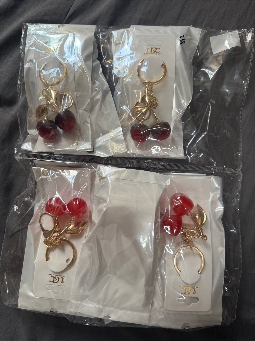 Gold Cherry Keychain Charms with Red Cherry Accents - Set of 10